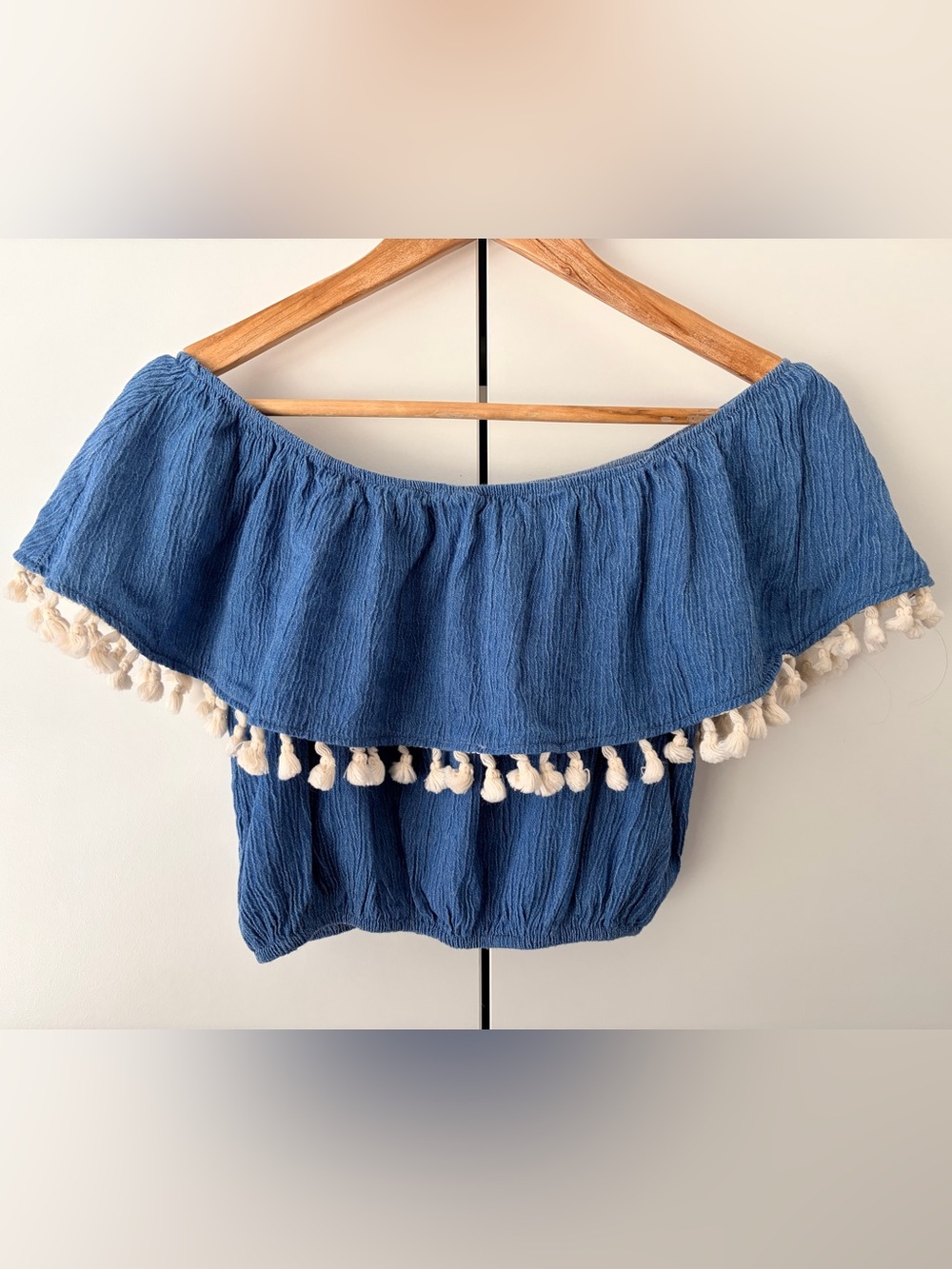 Hummingbird Blue Off-Shoulder Tassel Trim cropped top